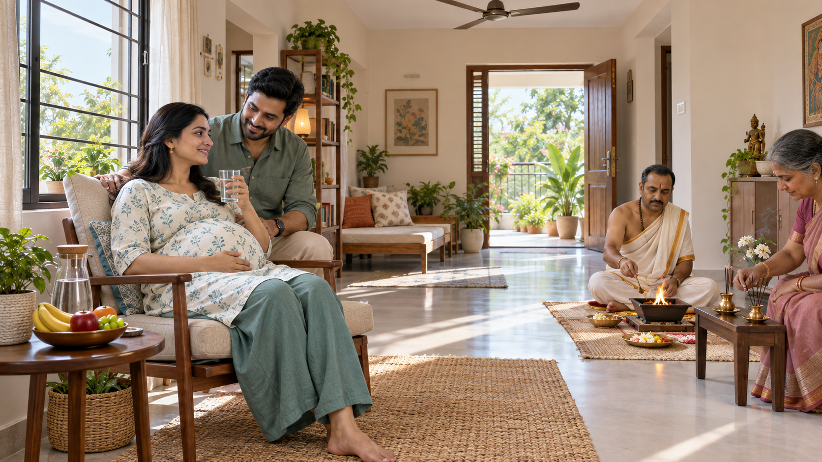 A pregnant woman sits with cushions and water near an open window while a priest conducts a small, low-smoke homam at a safe distance.