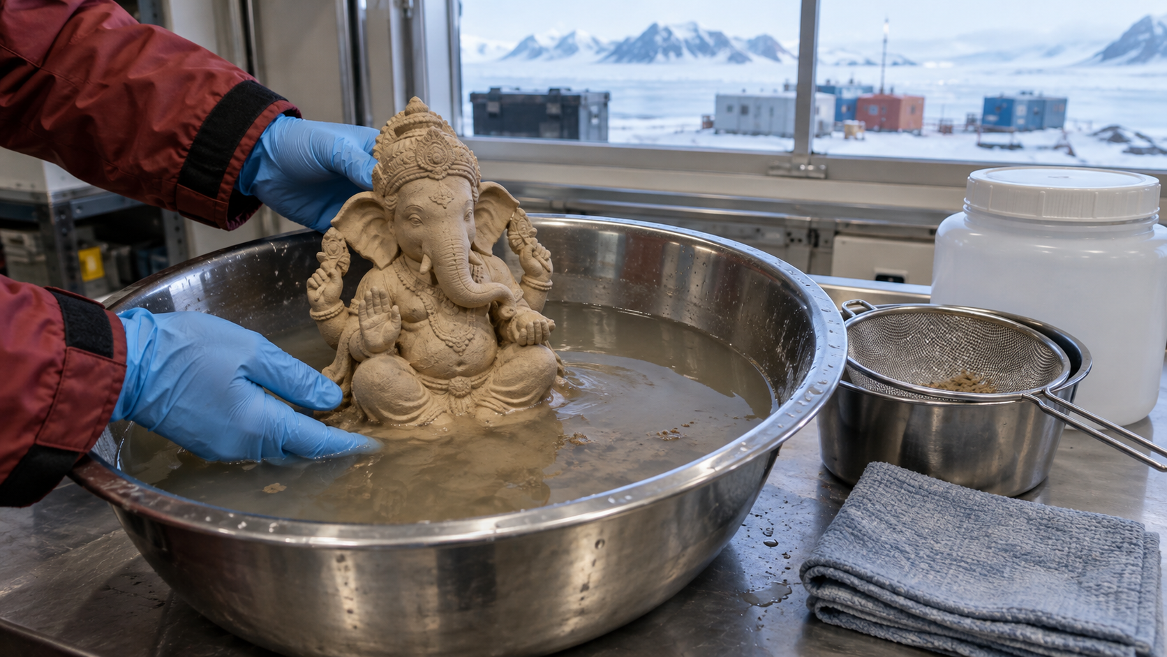 A natural-clay Ganesha figure is immersed in a contained basin with tools ready to collect the water and residue.