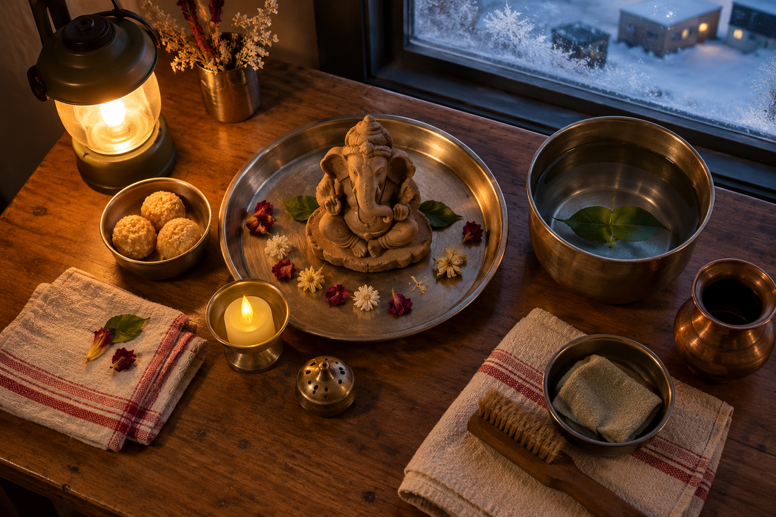 A compact Ganesh Chaturthi setup includes a handmade clay Ganesha, simple offerings, reusable decorations and a vessel for contained immersion.