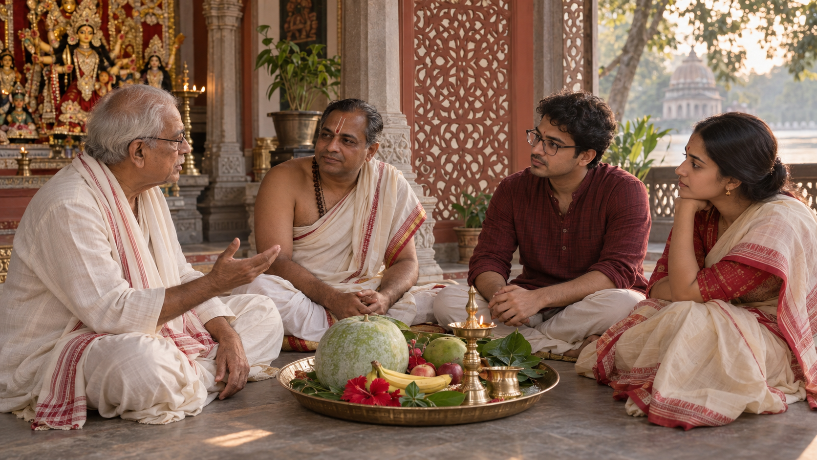 Older and younger devotees speak calmly with a priest around a tray of vegetarian Durga Puja offerings.