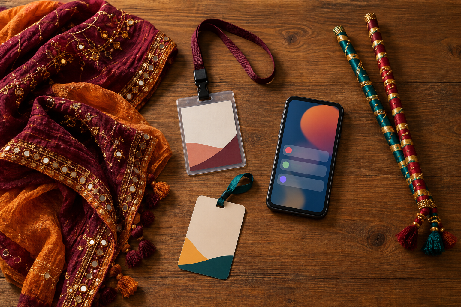 A generic identification card, event pass, smartphone, scarf and dandiya sticks arranged on a table.
