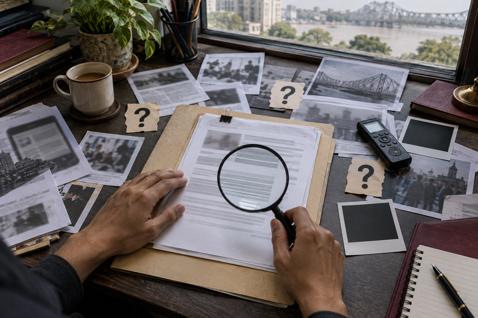 A journalist's hands examine documents at a desk surrounded by blurred screenshots, an audio recorder, and unresolved evidence materials.