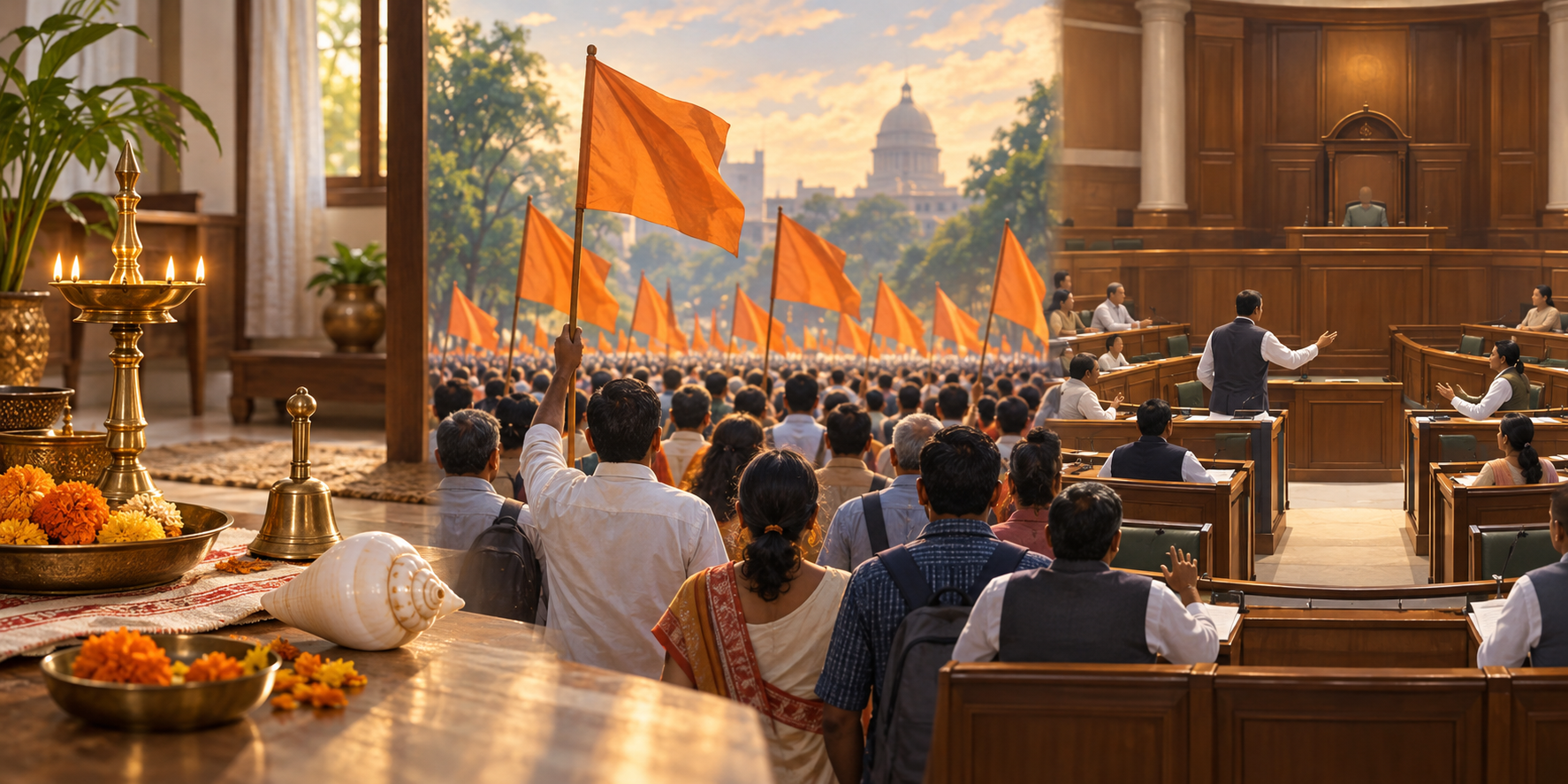 Three adjacent scenes show Bengali worship objects, an anonymous crowd with plain flags, and generic legislators debating in a chamber.