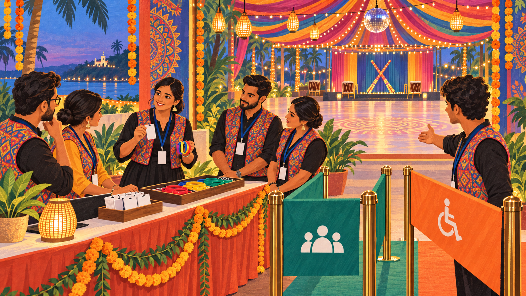 Dandiya event volunteers review an organized admission process at a decorated venue entrance.