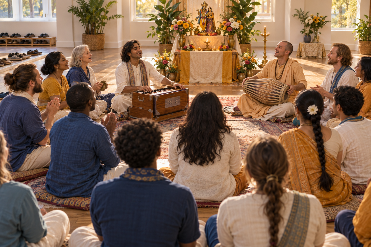 A diverse group sits in a circle singing kirtan around a harmonium and hand drum, facing a flower-decorated sacred form on a small central altar.