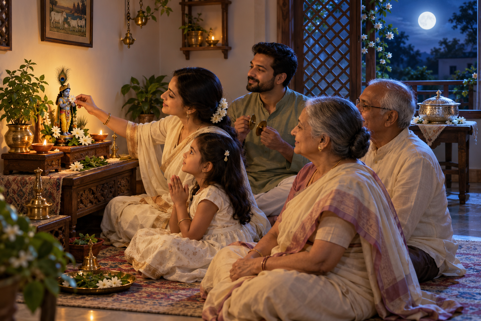 A family worships at a simple Krishna altar while a covered bowl of kheer rests near a moonlit window.