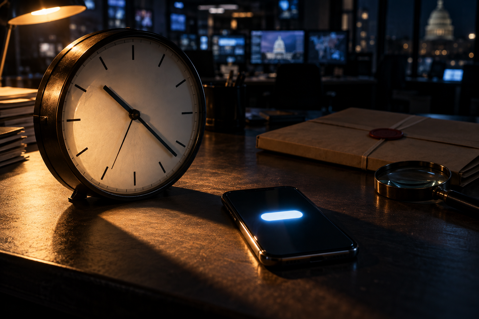 An analog clock and glowing smartphone dominate a dark desk while a sealed evidence folder and magnifying glass sit nearby.