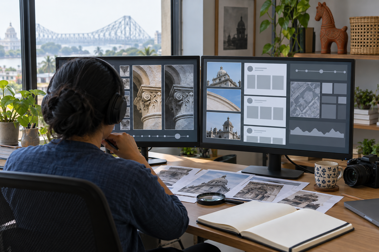 An anonymous researcher compares generic images on two monitors at a fact-checking desk with printed sources and a magnifying lens.