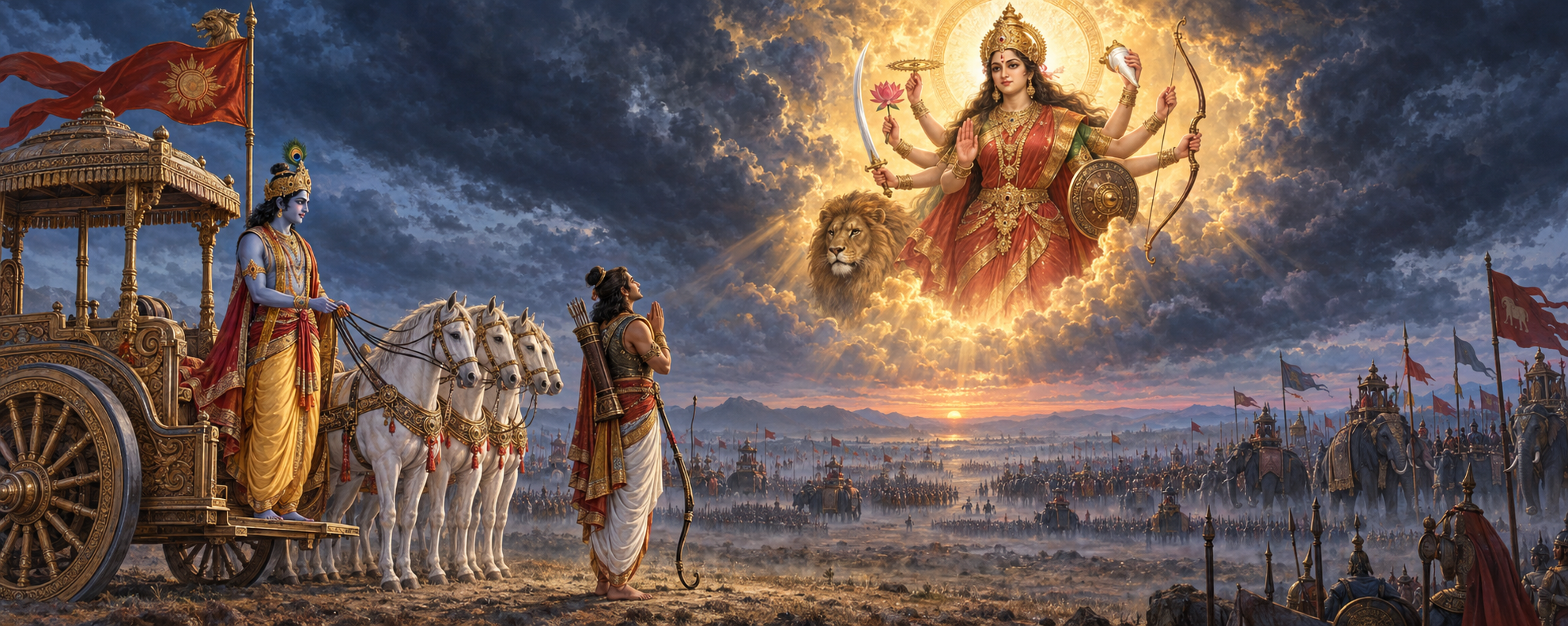 Arjuna stands beside his chariot with folded hands as Krishna holds the horses' reins and Durga appears in radiant clouds above the armies of Kurukshetra.