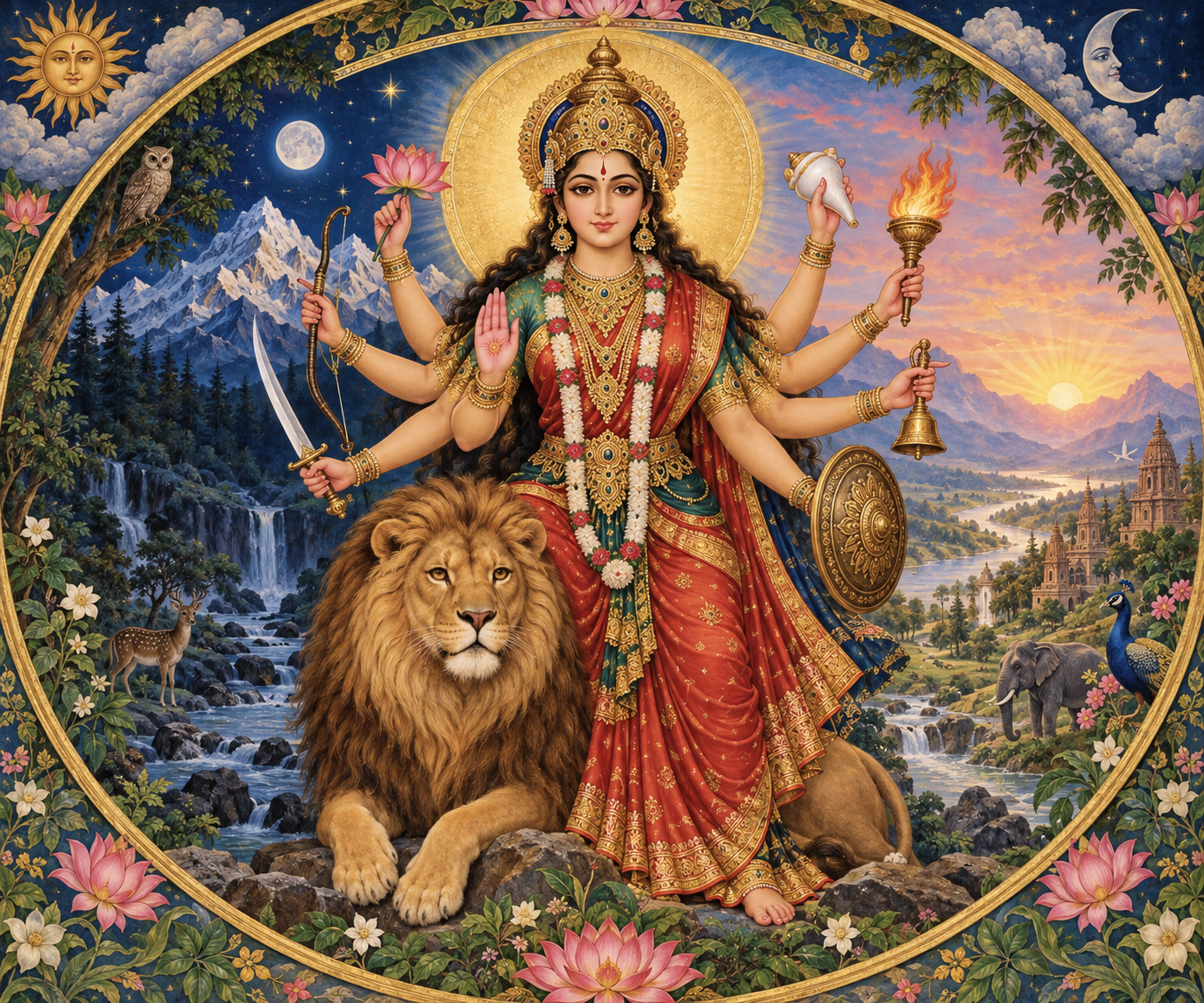 Durga stands with multiple symbolic attributes and a lion in a landscape that shifts from mountains and night forest to a sunlit river valley.