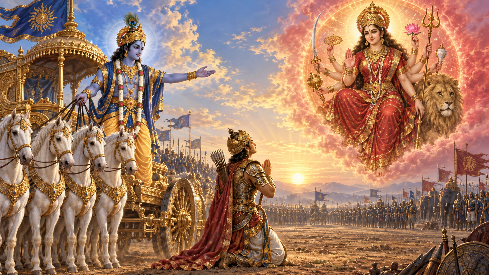 Arjuna stands between Krishna at the chariot and a radiant vision of Durga, with light from both figures meeting around him on the battlefield.