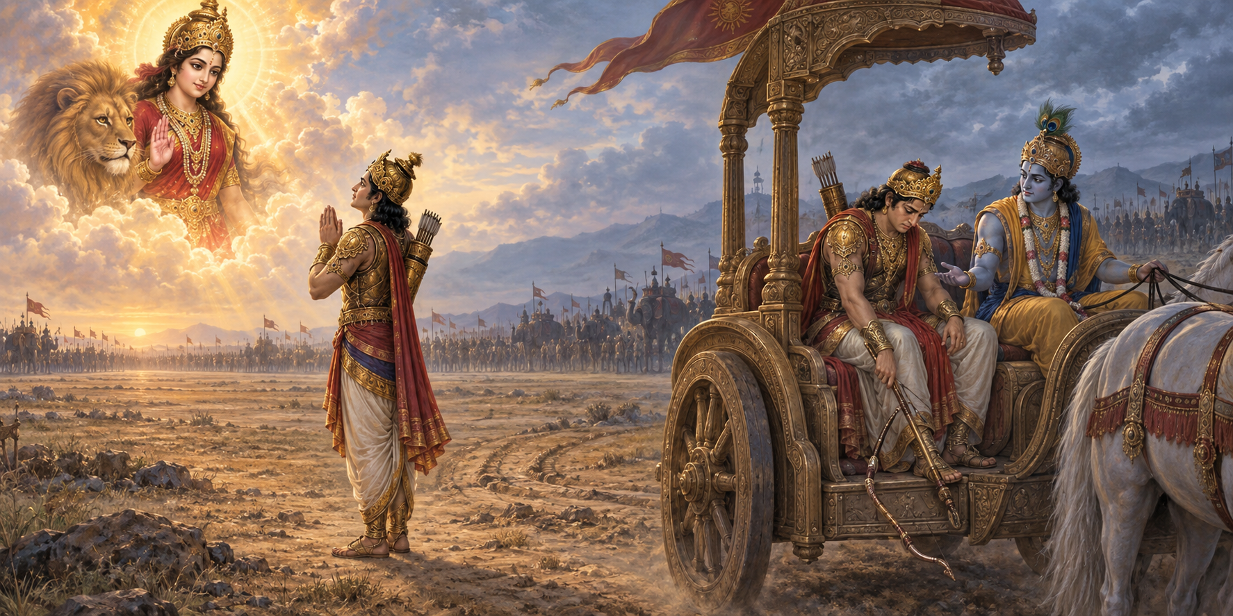 A continuous scene shows Arjuna first receiving Durga's assurance and later sitting despondently in the chariot as Krishna turns toward him.
