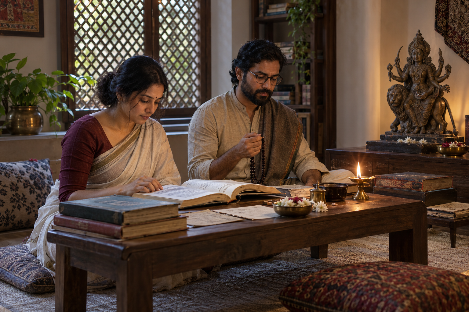 Two readers study and recite beside open books, prayer beads, an oil lamp, flowers and a small image of Durga in a quiet room.