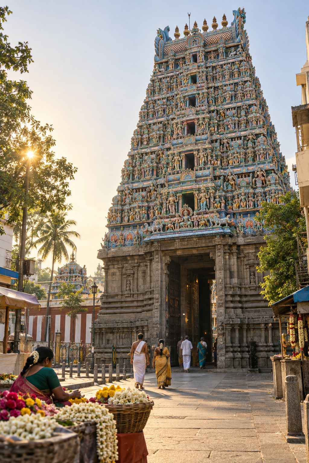 The colorful sculpted gopuram of Kapaleeshwarar Temple rises above visitors entering the temple in Mylapore, Chennai.