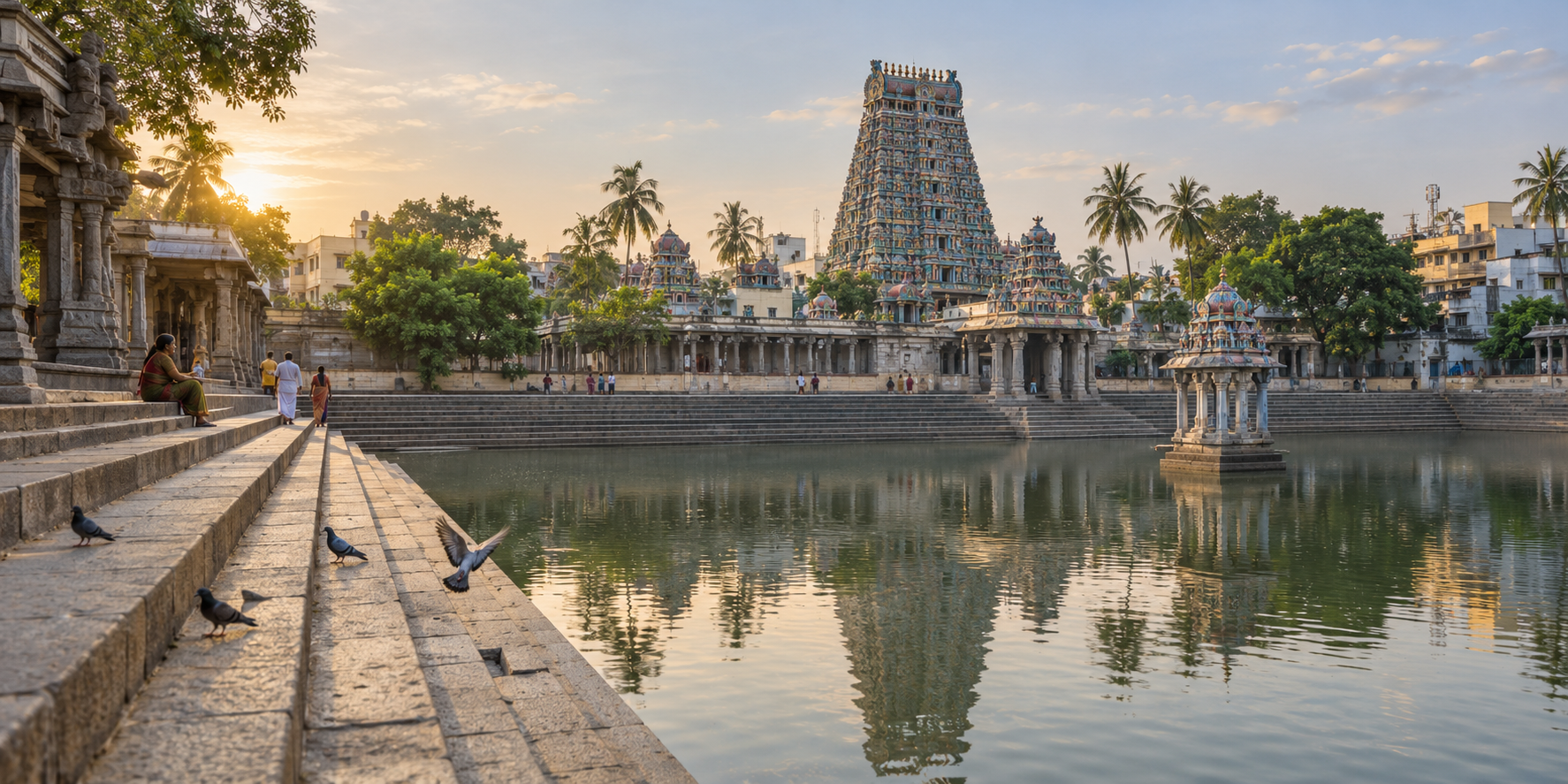 Kapaleeshwarar Temple's sculpted gopuram stands beyond the stepped temple tank in Mylapore on a quiet morning.