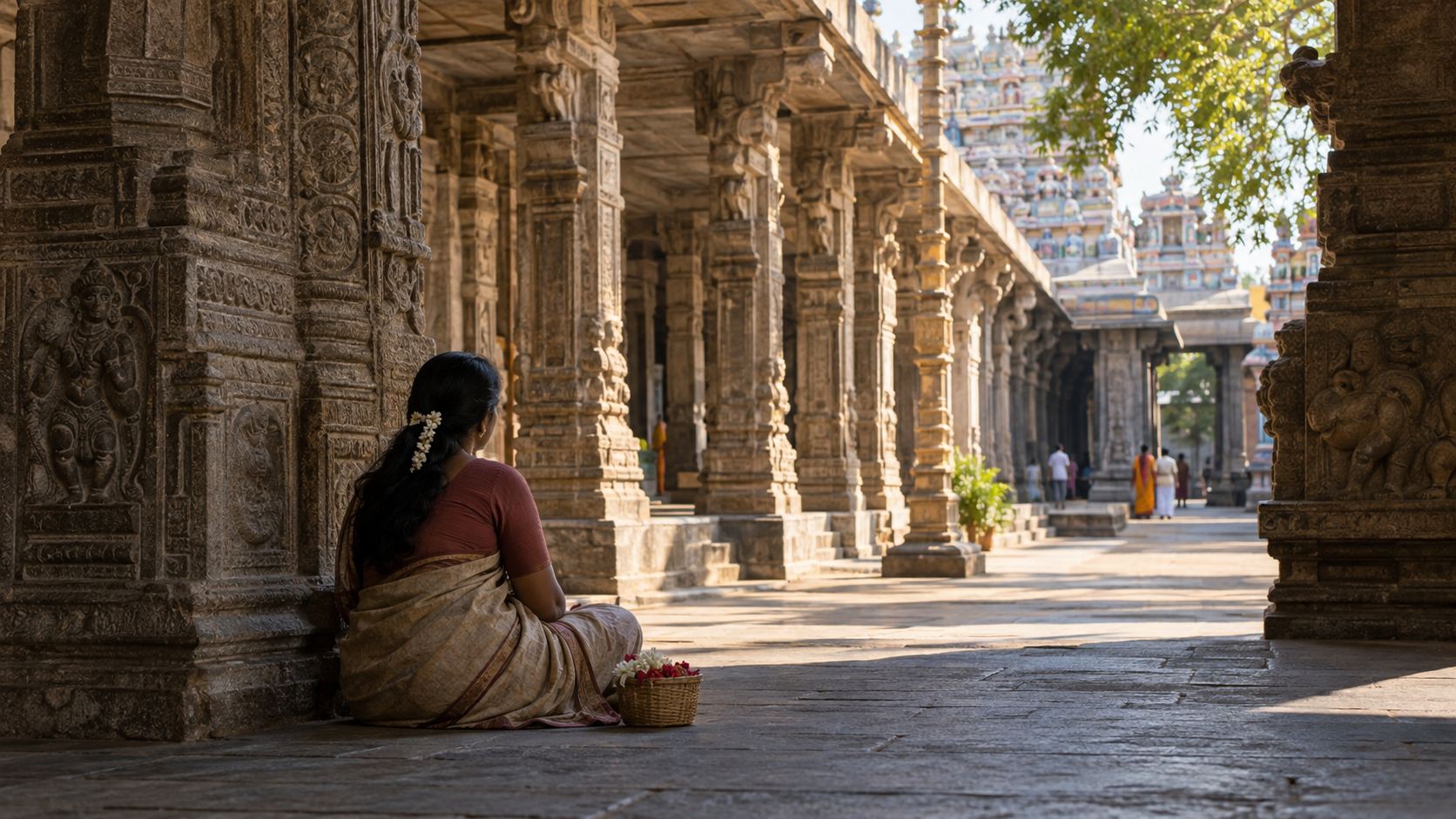 A visitor sits quietly beside flowers in the shaded stone courtyard of a Chennai temple.