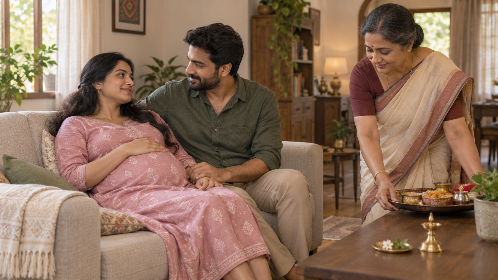 A pregnant woman rests as her partner listens and an older relative sets aside an elaborate ritual tray, leaving a simple flower and lamp nearby.