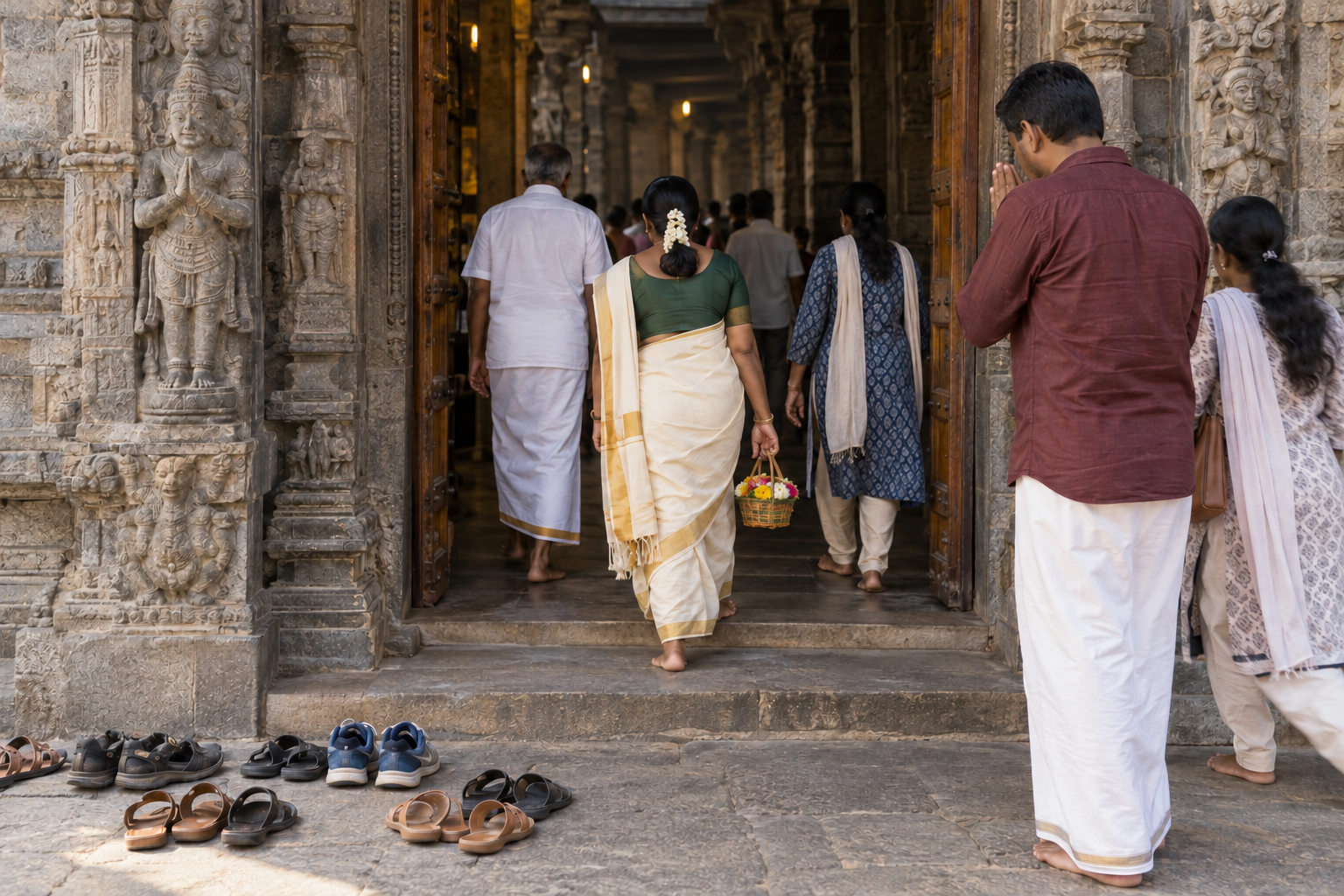 Visitors leave their footwear outside and enter a Chennai temple in modest clothing, one carrying flower offerings.