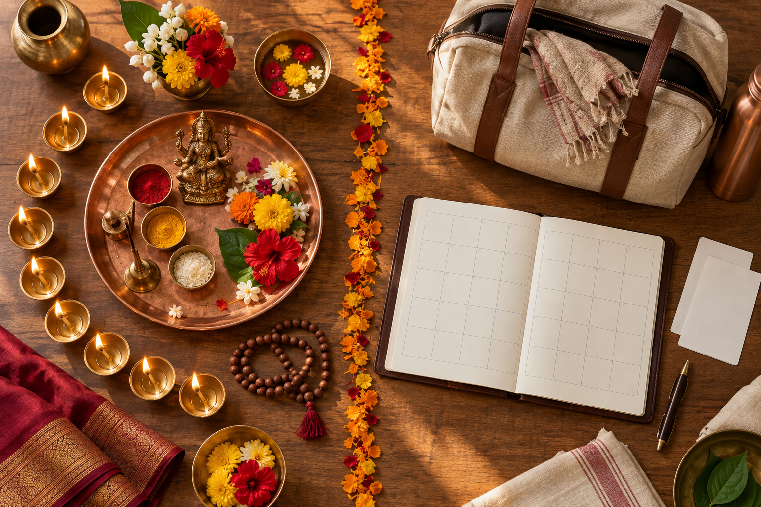 Nine brass oil lamps and puja items arranged beside an unmarked planner and a packed cloth travel bag.