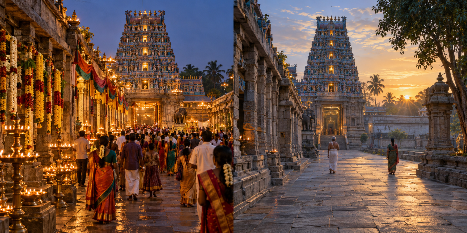 A paired view contrasts a lamp-lit temple festival crowd with a quiet temple approach at dawn.