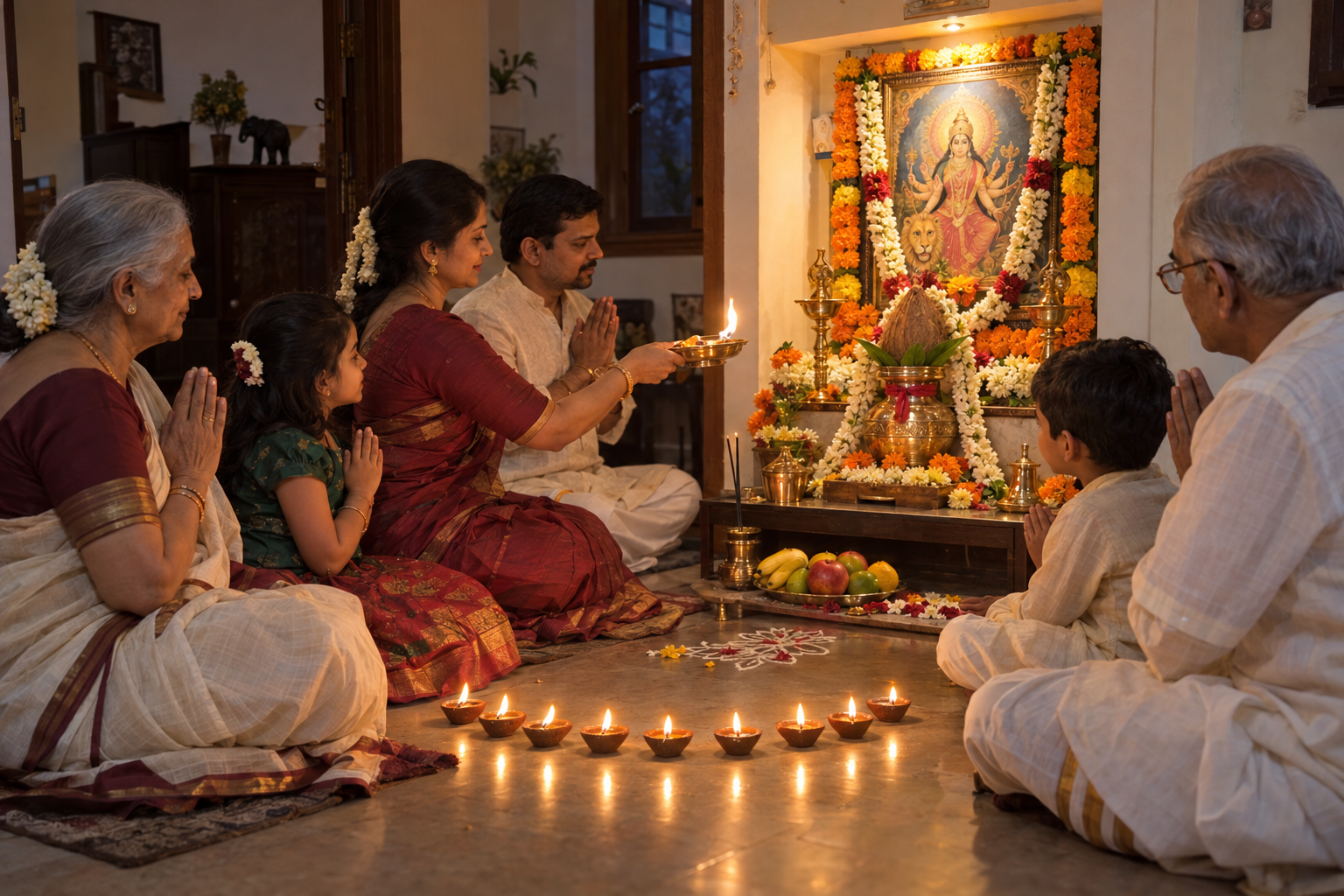 A family performs evening worship at a simple home shrine decorated with flowers, a kalasha and nine clay lamps.