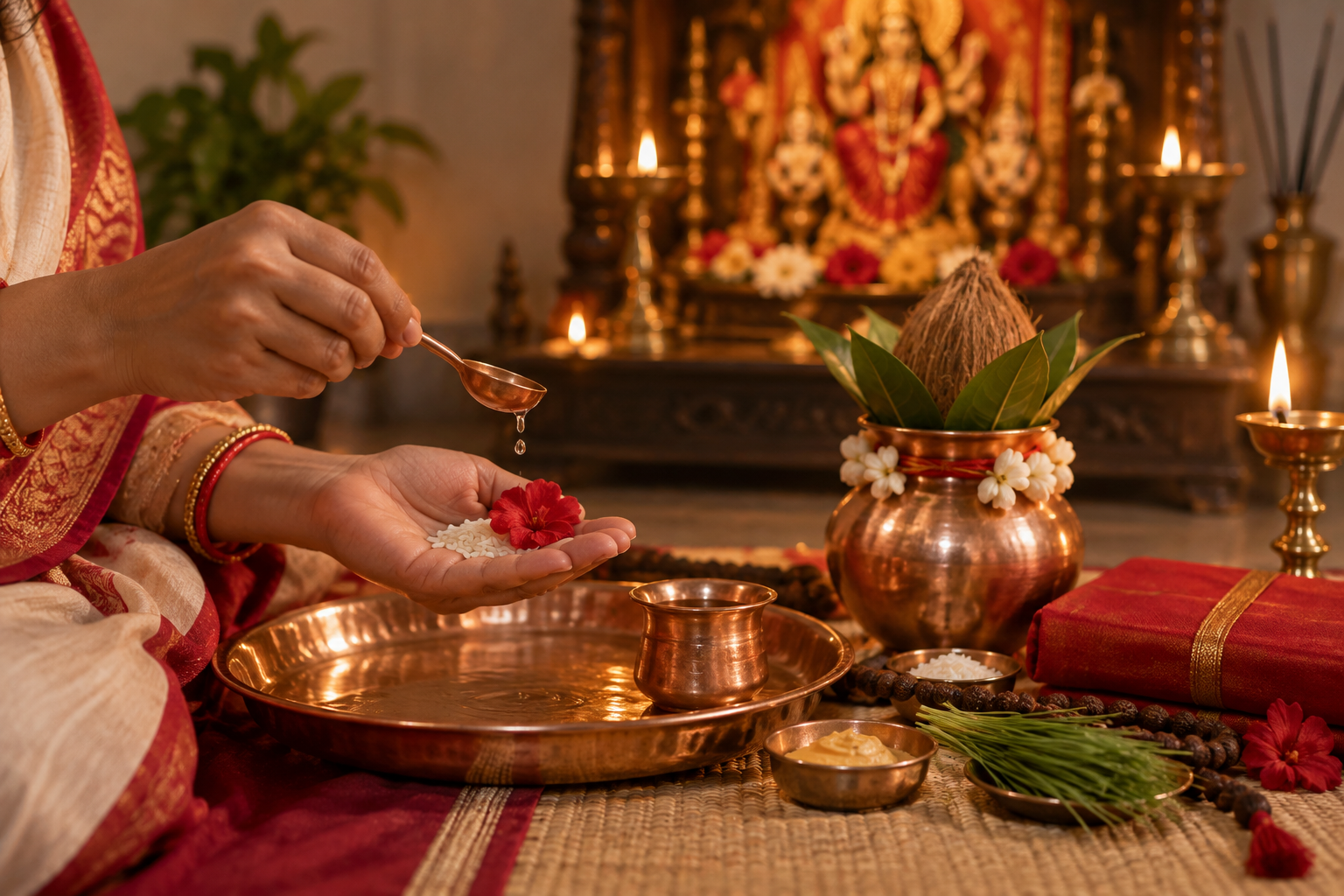 A worshipper holds rice, a flower and water while making a ritual intention beside a kalasha and a cloth-wrapped scripture.