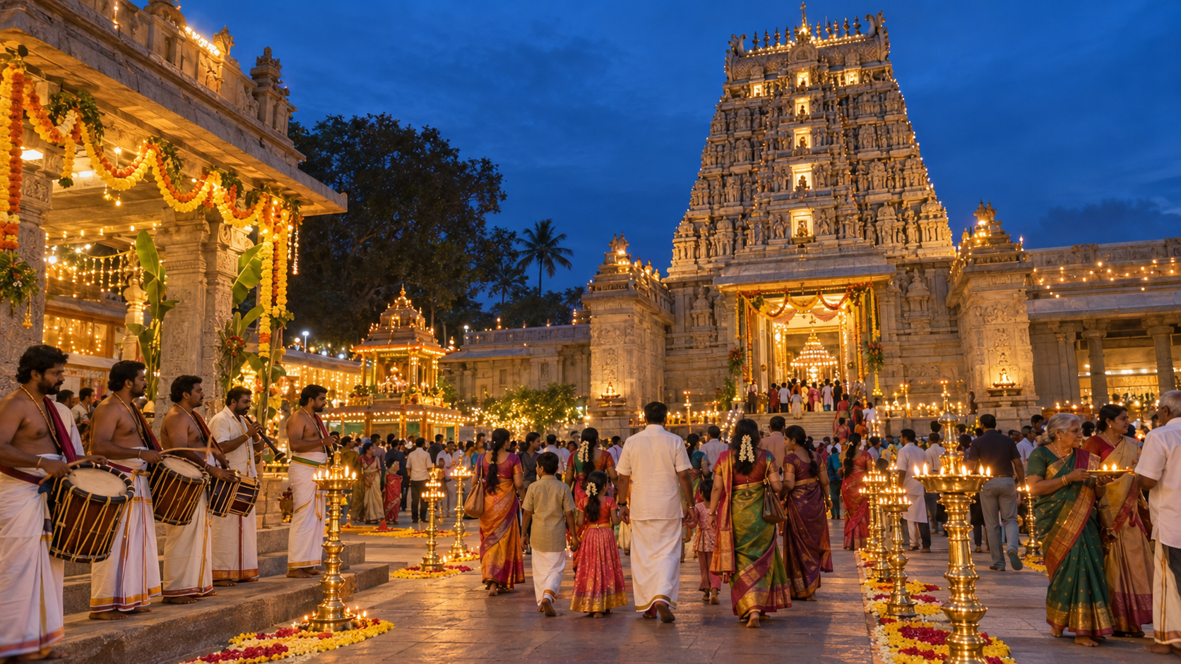 Devotees gather in a lamp-lit temple courtyard decorated with flower garlands during an evening Navaratri celebration.