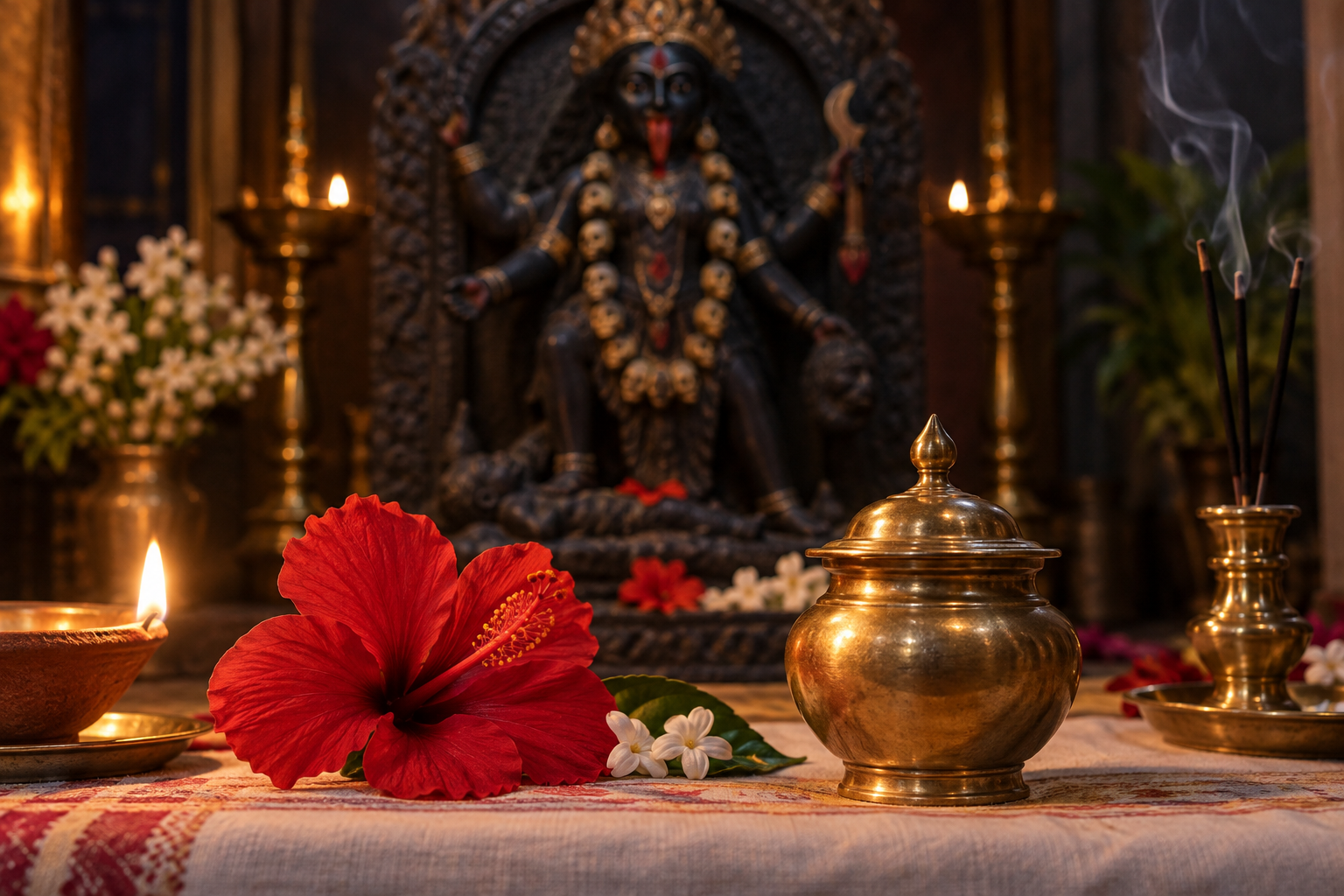 A red hibiscus, covered brass vessel, oil lamp, and incense arranged before a dark stone image of Goddess Kali.