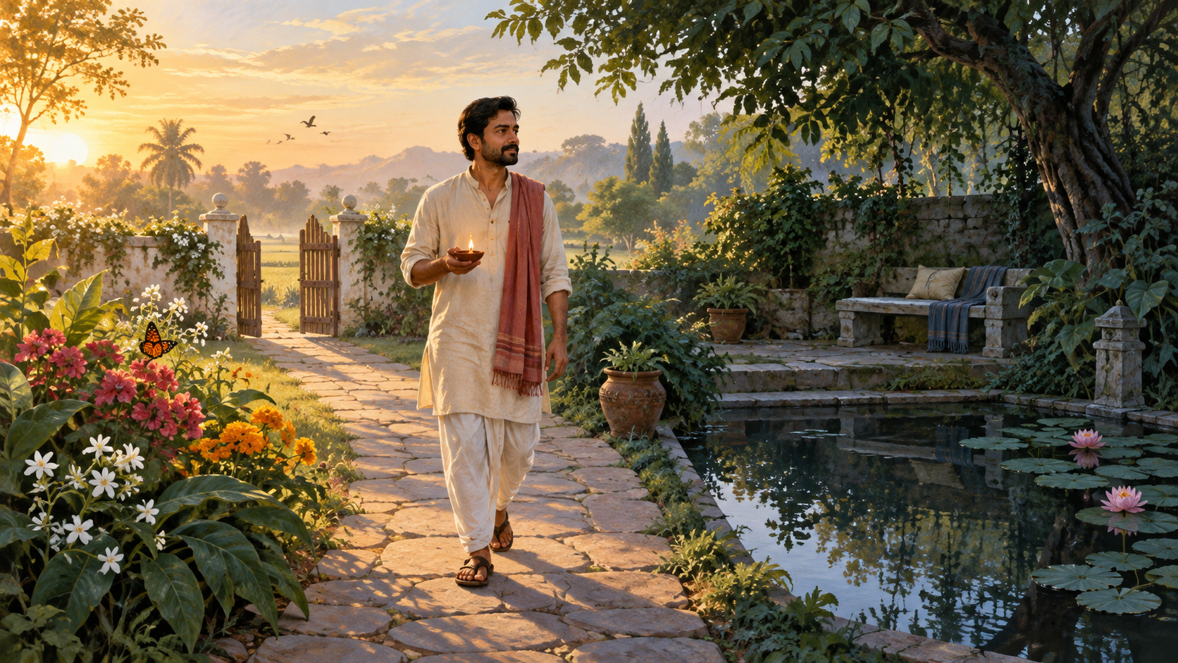 An Indian householder carrying a clay lamp walks between a sunlit garden and a shaded reflecting pool at dawn.