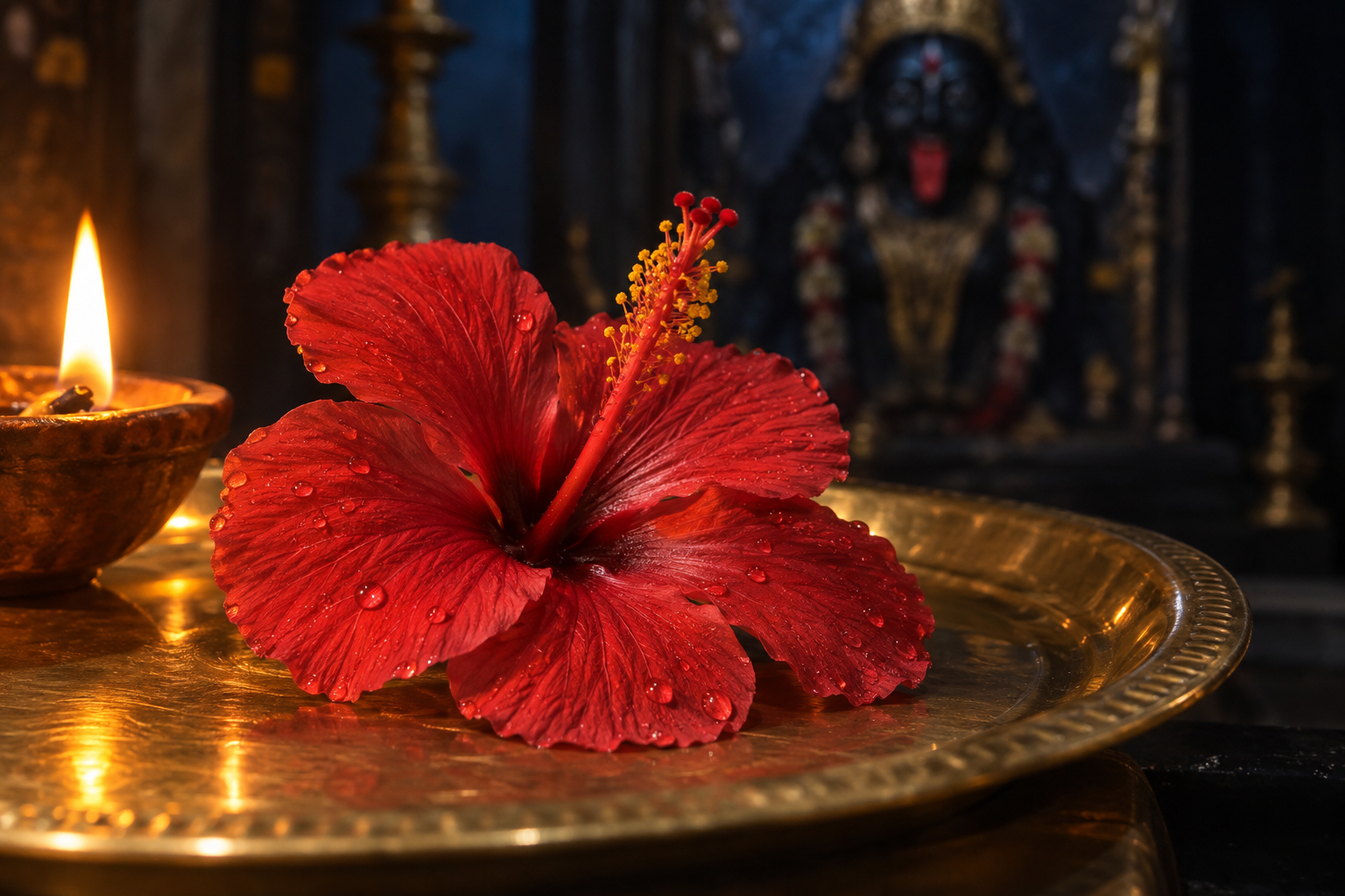 A fresh red hibiscus on a brass offering plate in front of a softly blurred Kali shrine.