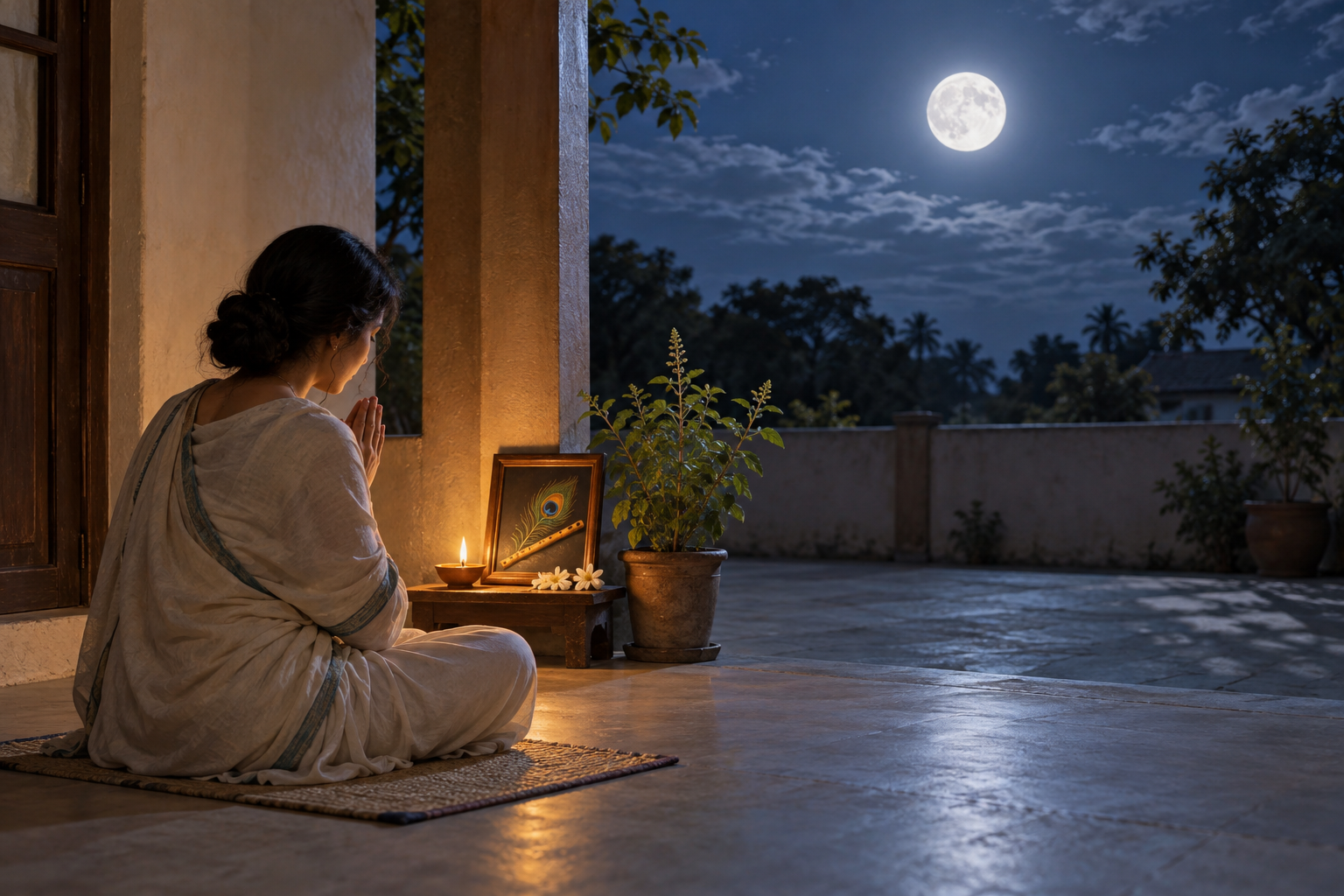 A lone devotee prays beside a small lamp, flowers, and Krishna symbols under the bright full moon.