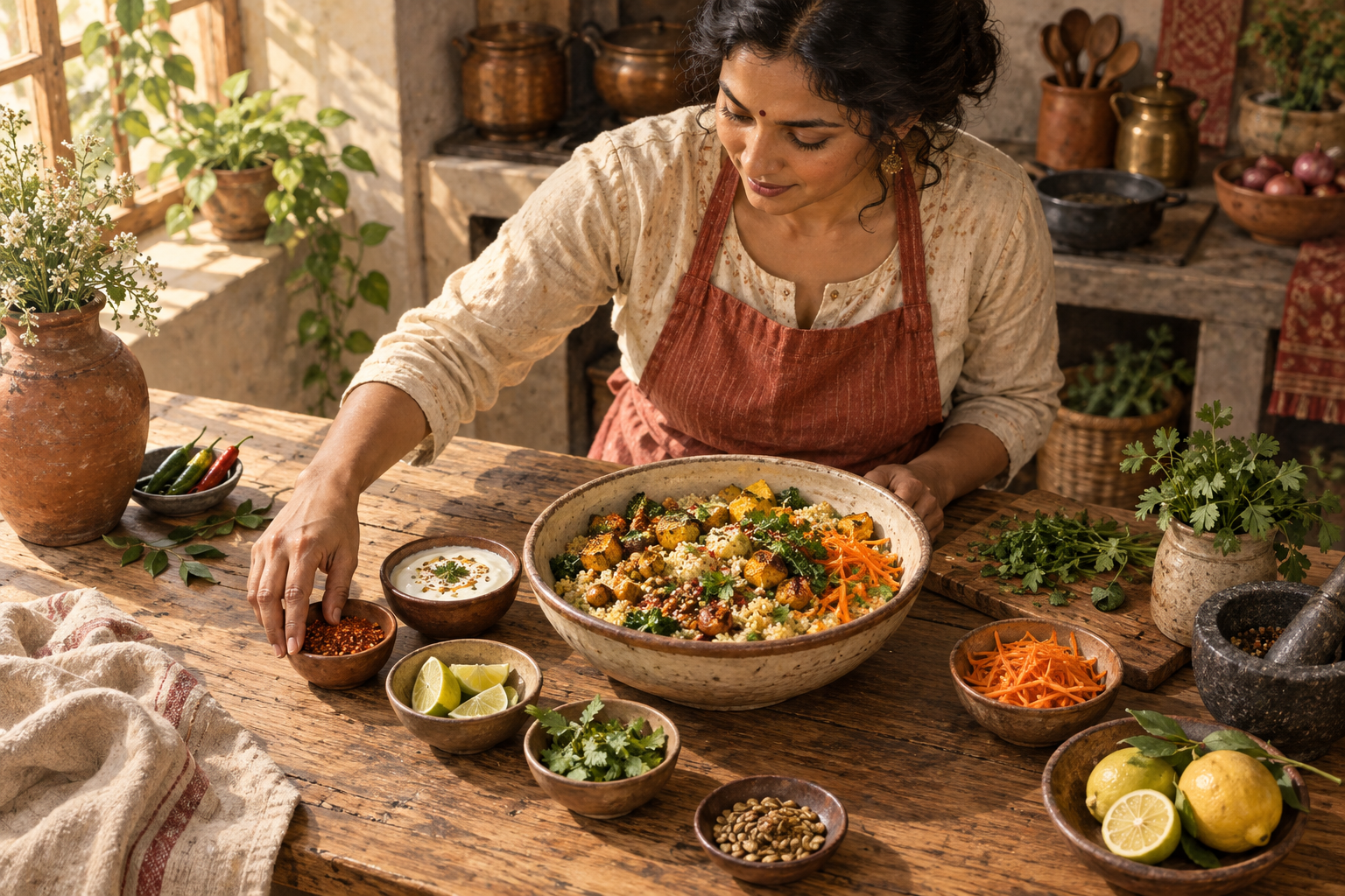 A cook adjusts small bowls of seasonings around a larger meal on a wooden kitchen table.