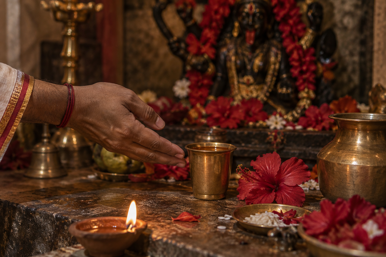 A small brass cup containing amber liquid sits among flowers, grains, and a lamp while an adult hand makes a ritual offering gesture.
