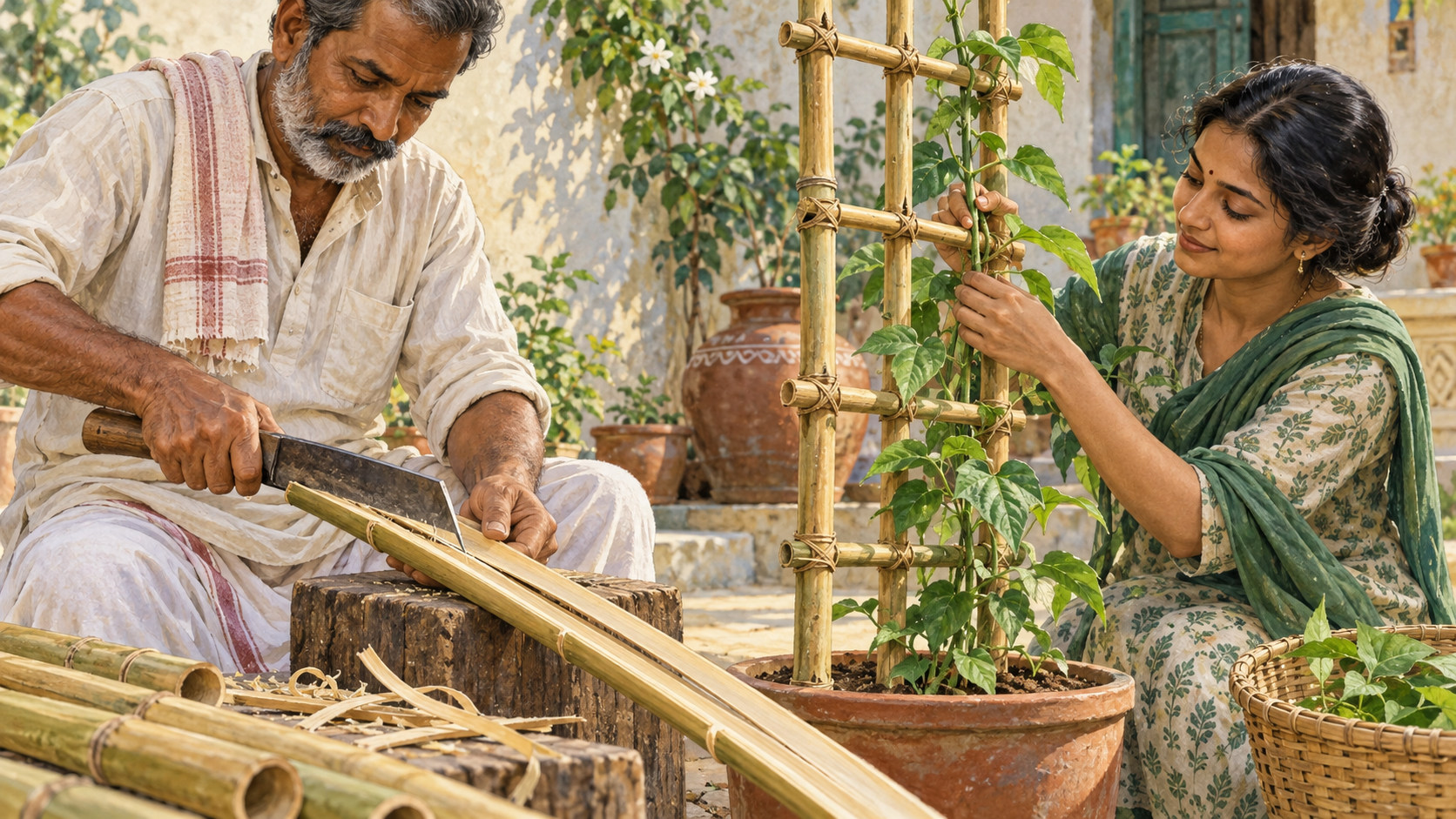 Hands split bamboo for a trellis while another hand gently secures a young vine to the support.