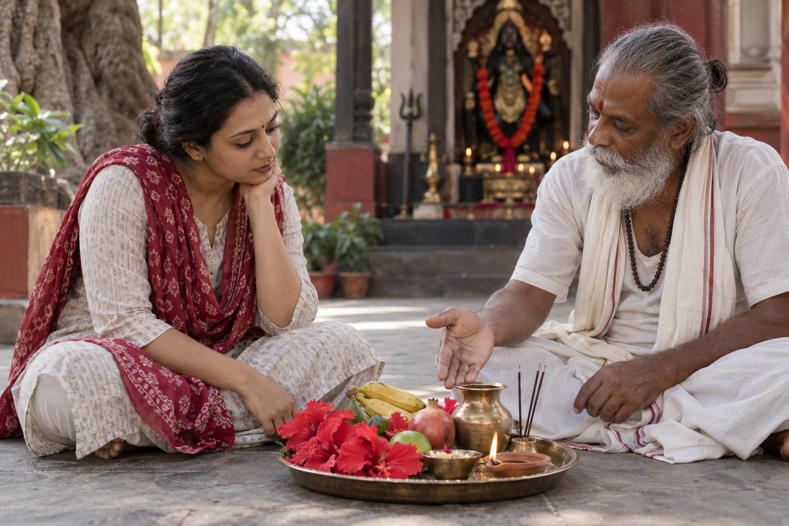 An adult devotee listens to an older temple guide beside a tray holding hibiscus, fruit, water, incense, and a clay lamp.