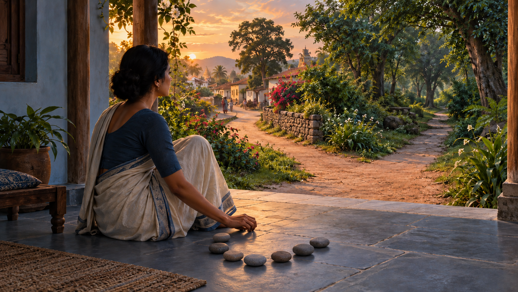 A seated person pauses beside seven smooth stones while looking toward two paths beyond a veranda.