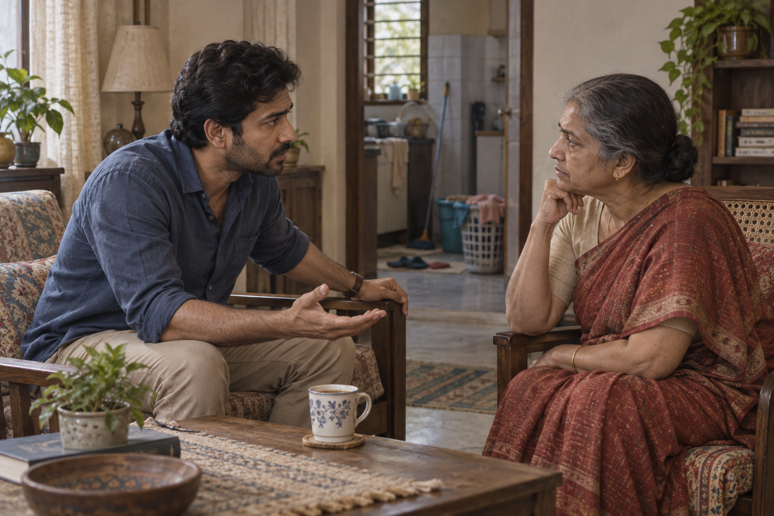 Two relatives have a serious conversation as one person combines an open-handed gesture with a firm seated posture.