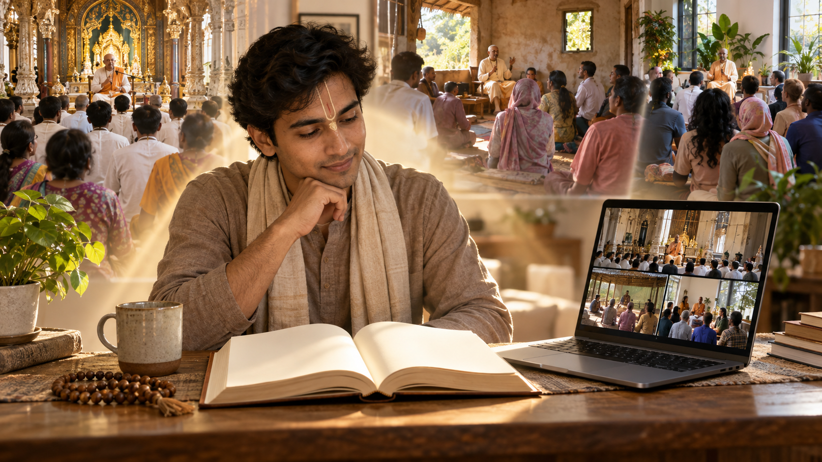 A listener studies an open scripture beside a laptop while several different temple congregations appear in the background.
