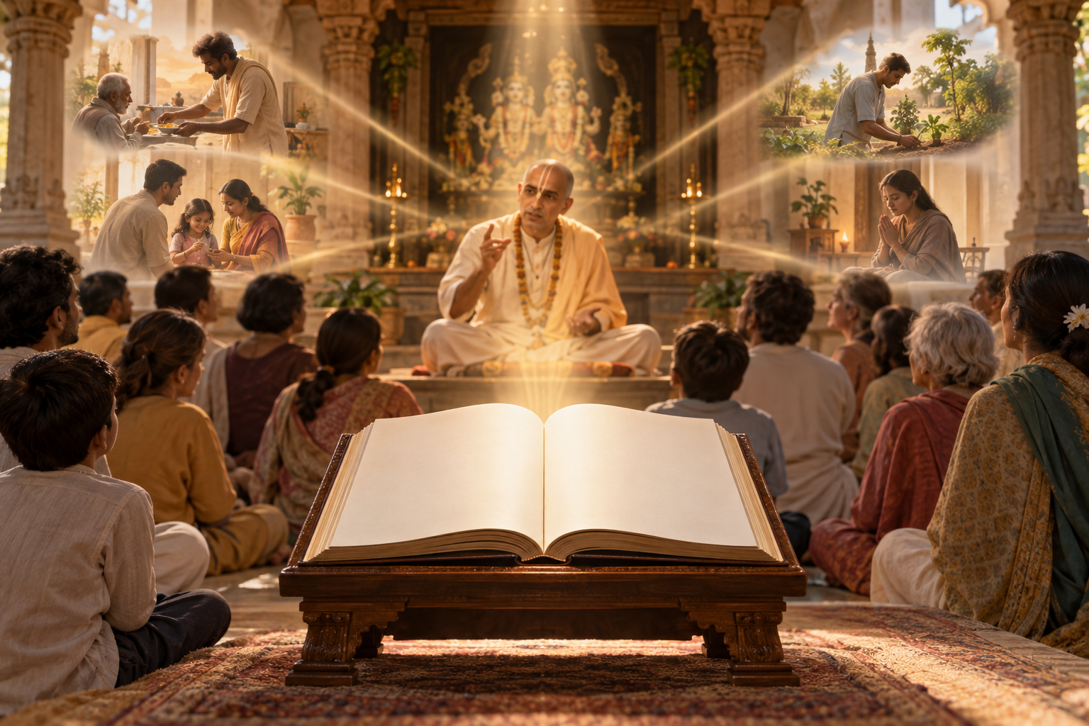 An open sacred book is in sharp focus before a teacher whose gestures connect the lesson to scenes of daily life.