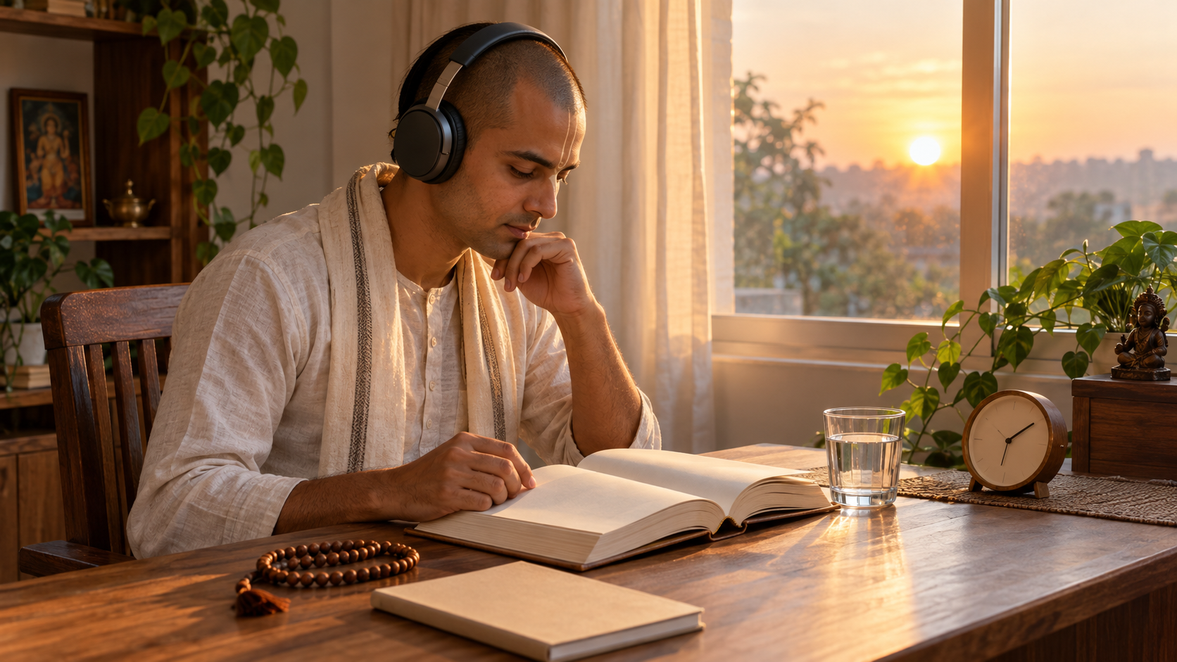 A devotee follows an open scripture with headphones at a tidy desk during a quiet sunrise study routine.