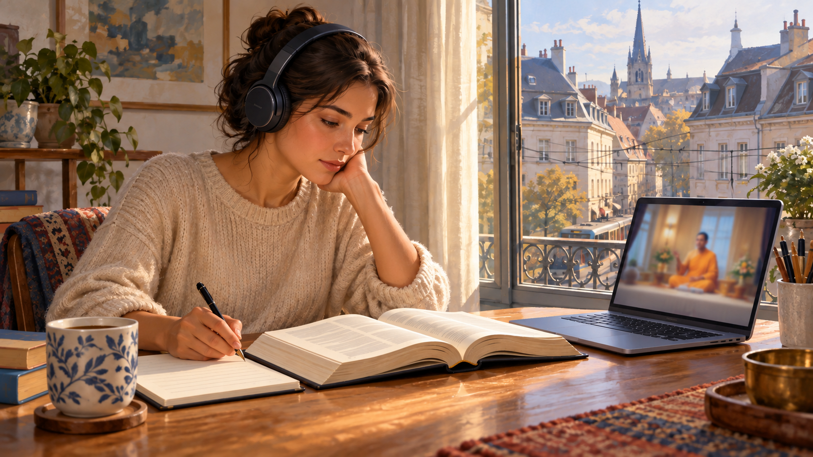 A reader studies an open sacred book beside headphones and a laptop showing an anonymous temple lecturer, with European rooftops visible through the window.