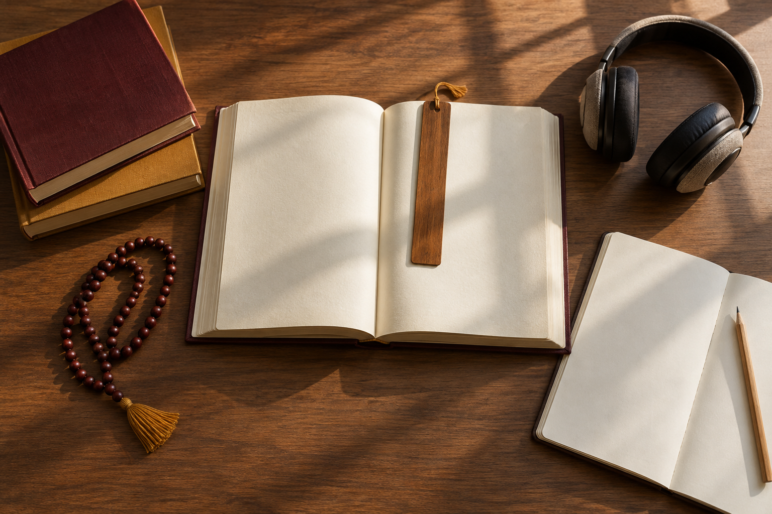 An open sacred book with a marked passage sits beside reference books, a blank notebook, prayer beads, a pencil, and headphones.