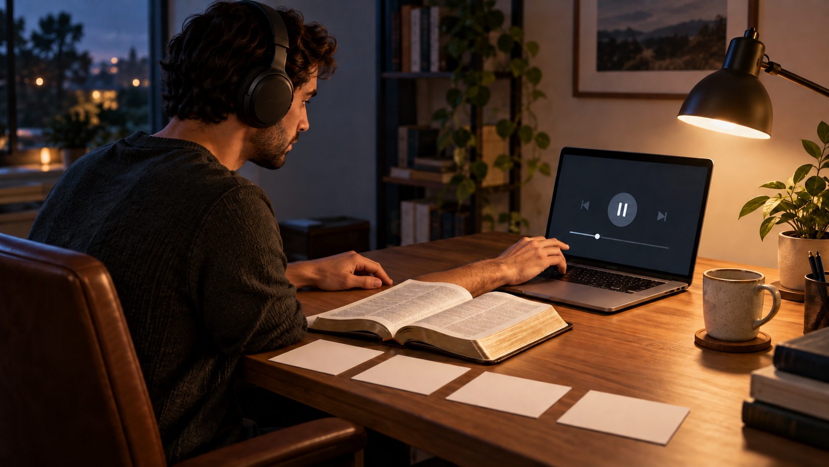 A listener wearing headphones studies an open sacred book while using a laptop and arranging blank note cards at a desk.