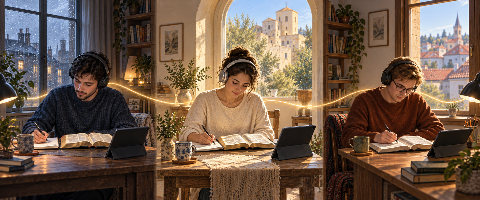 Three anonymous people in different European interiors use books, notebooks, headphones, and digital devices to study lectures in a similar way.
