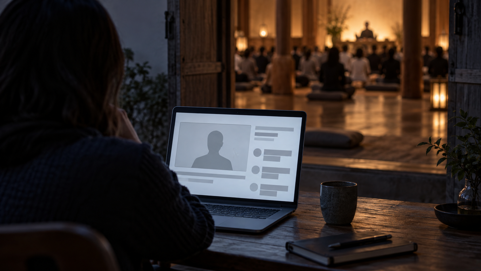 A laptop with a generic lecture thumbnail sits in the foreground while a softly focused temple gathering is visible through an open doorway.