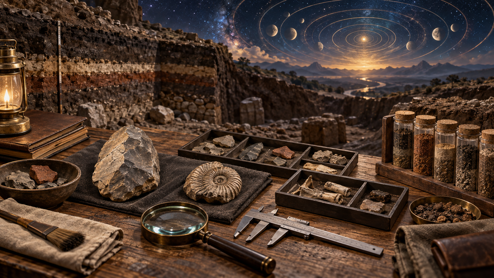 Stone tools, a fossil fragment, calipers, and soil samples rest beside an excavation whose layered earth opens onto symbolic celestial rings.