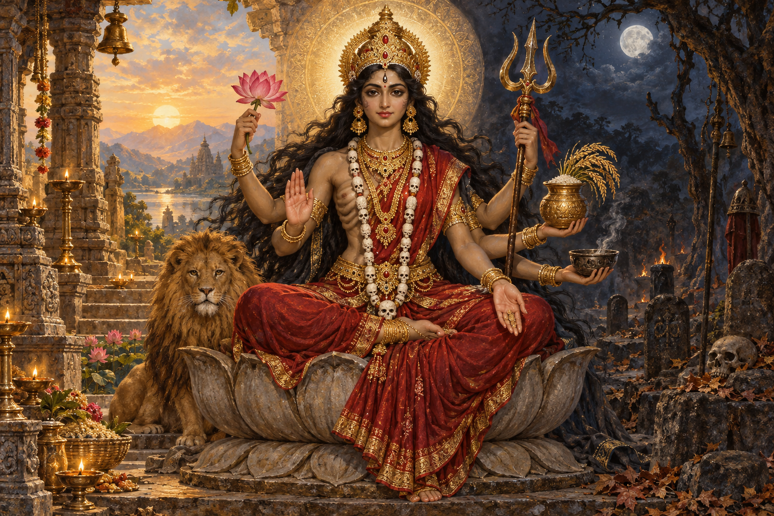 An integrated composite goddess holds a lotus, grain vessel, trident, and ritual bowl while seated on a weathered lotus throne between a temple sanctuary and a shadowed wilderness.