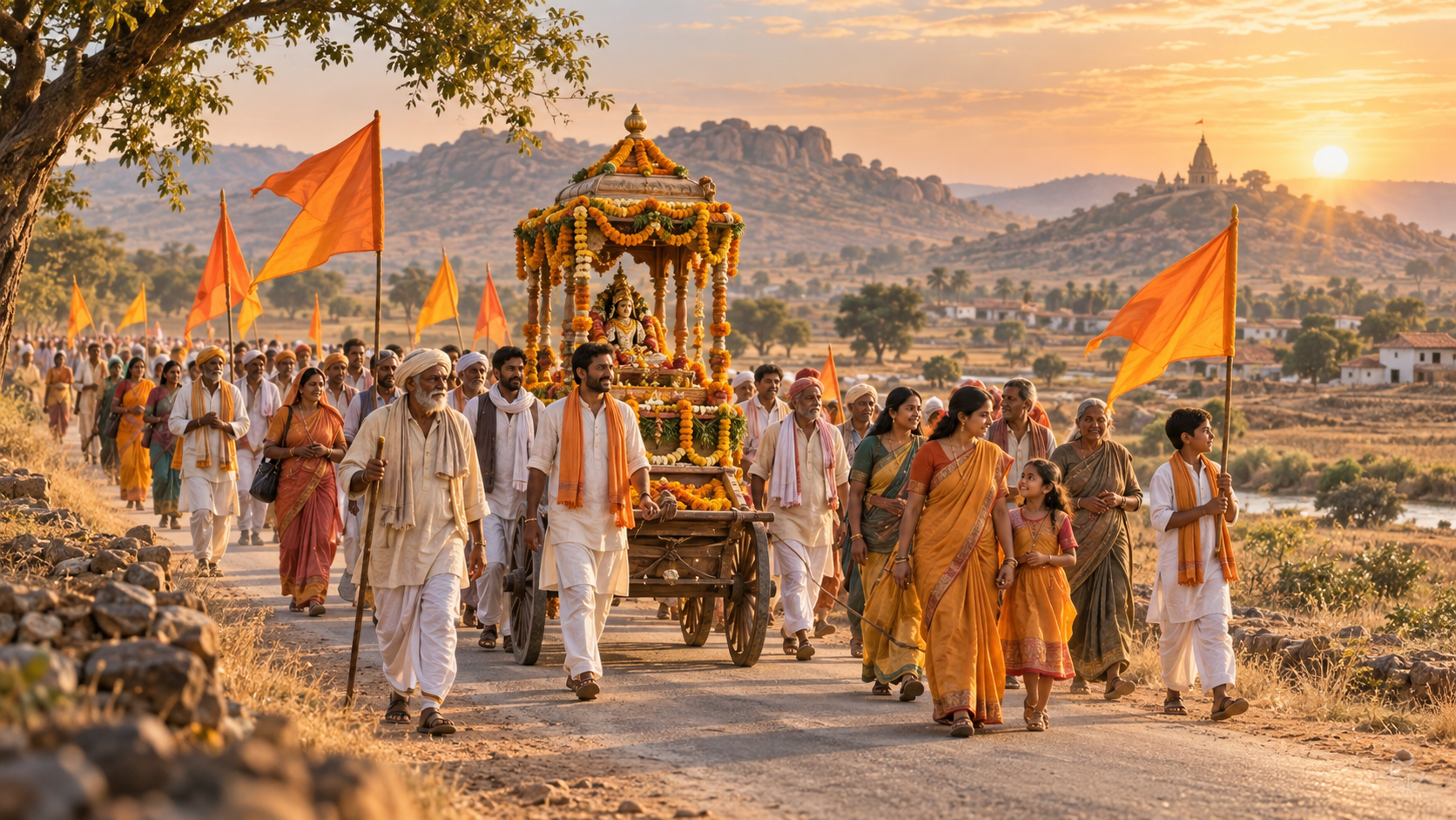 A peaceful procession with a flower-decorated chariot and plain saffron flags travels along a rural road through the Bundelkhand landscape at sunrise.