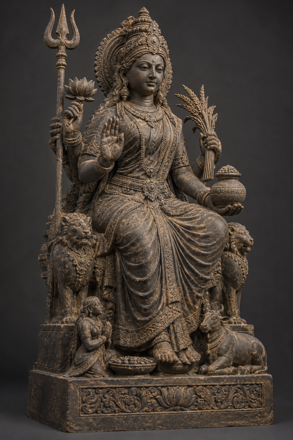 A dark stone composite goddess sculpture displays an interwoven crown, ornaments, lotus, grain vessel, trident, ritual bowl, and protective hand gesture under raking light.