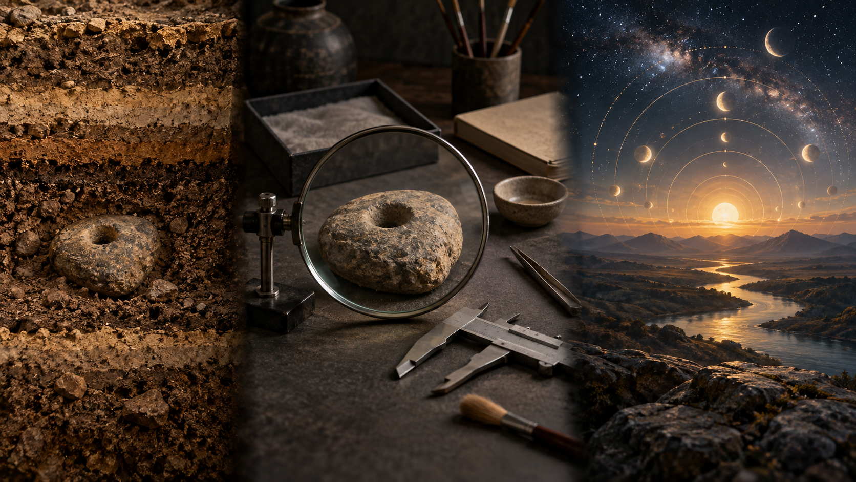 An excavated stone object, archaeological examination tools, and a symbolic cosmic landscape occupy three separate areas of one composition.